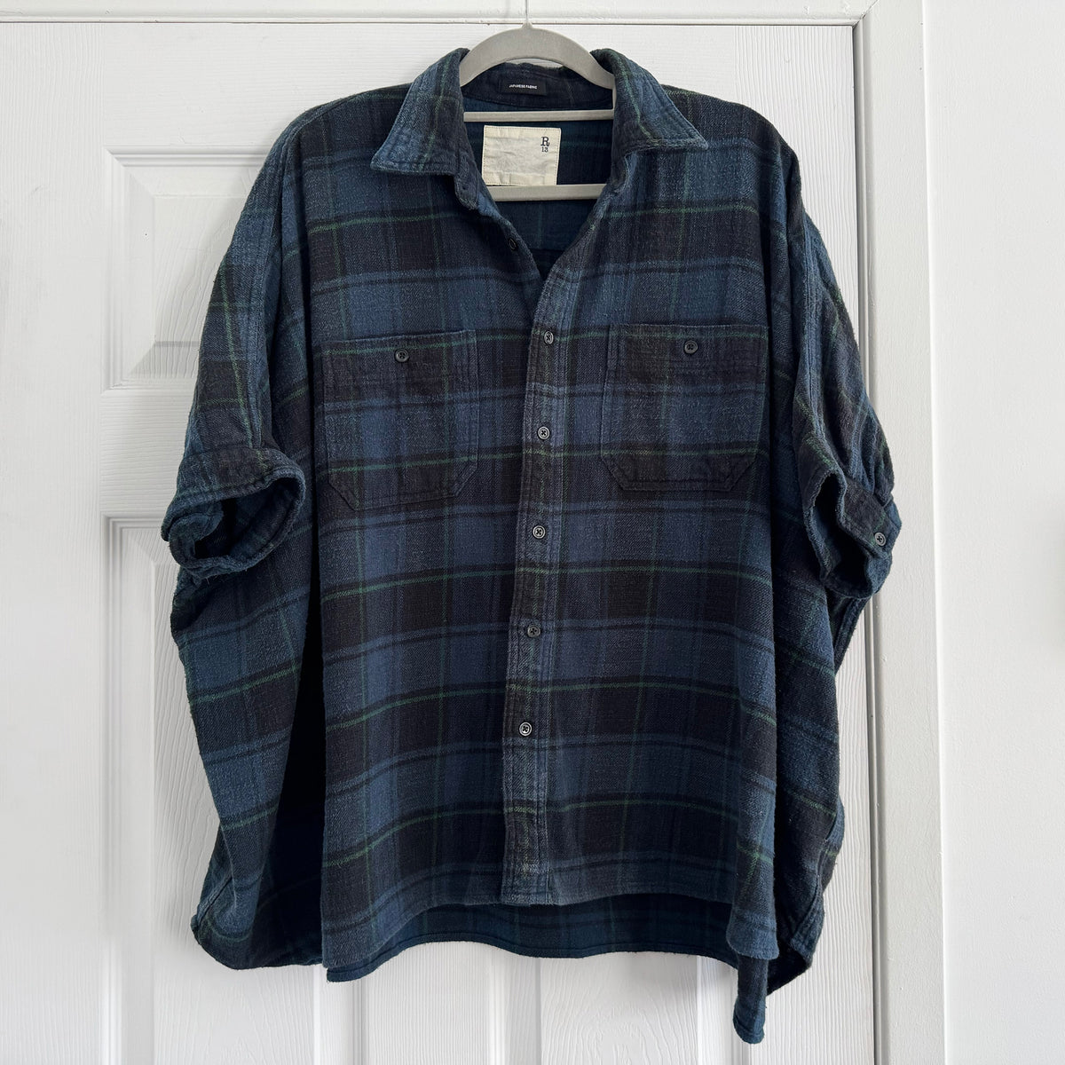 R13 Oversize Plaid Flannel Shirt in Navy, size XS