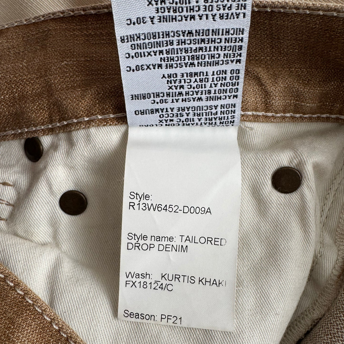 R13 tailored drop jean in "Kurtis Khaki", size 28