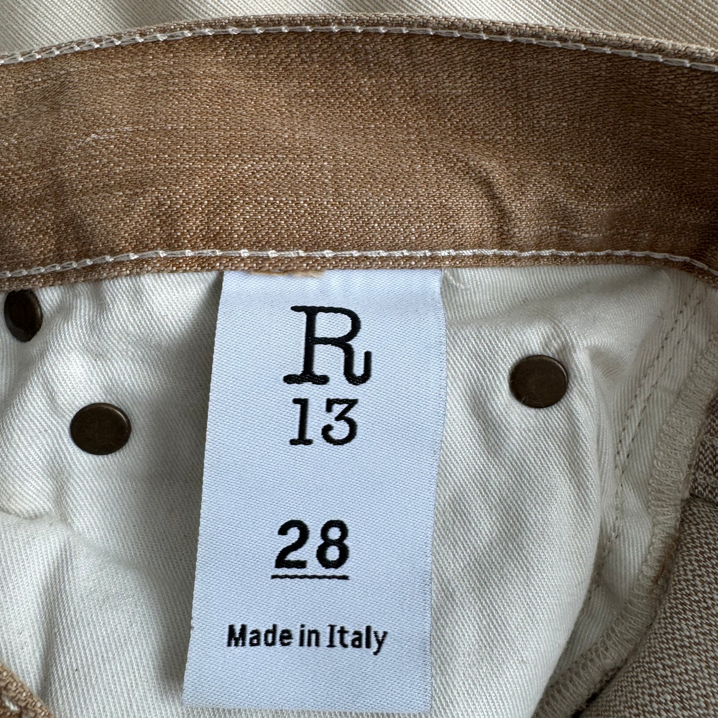 R13 tailored drop jean in "Kurtis Khaki", size 28