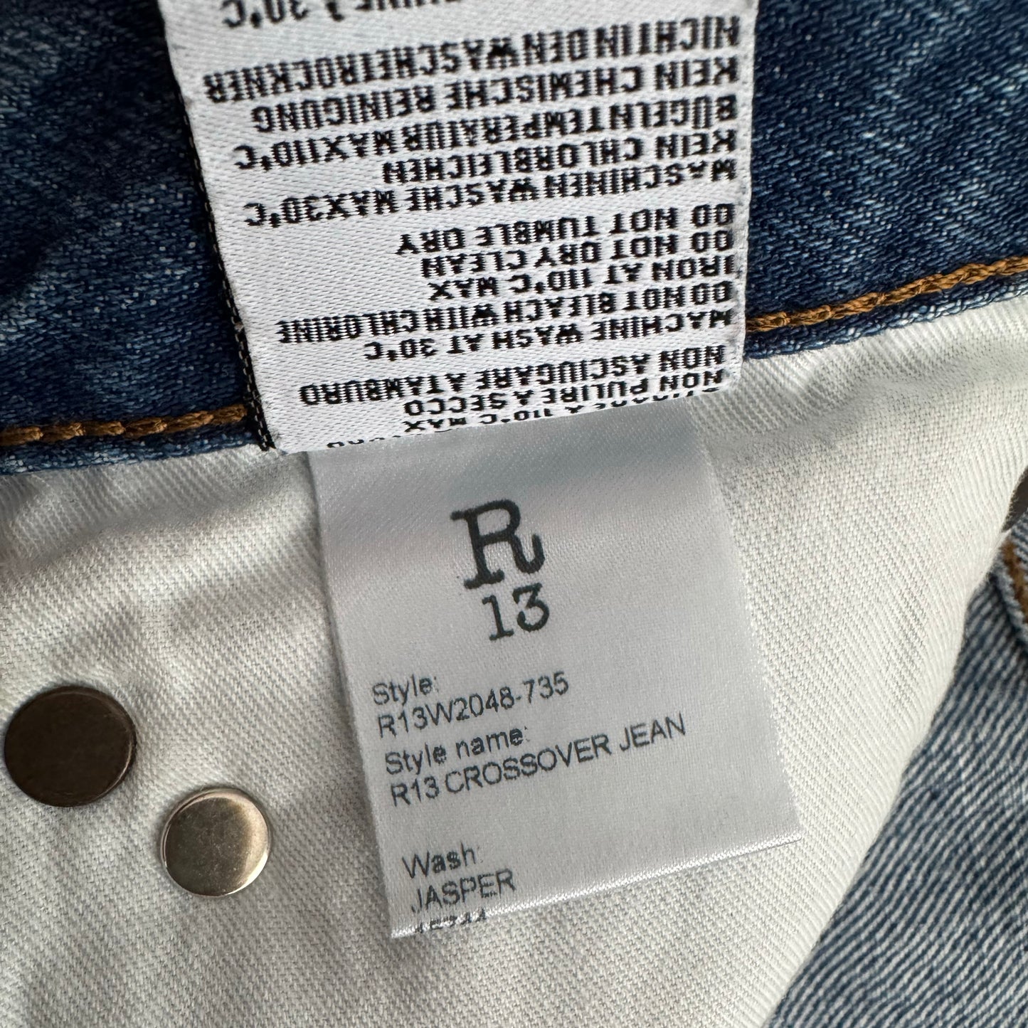 R13 Crossover Jeans in Jasper w Smudge, size 28 (fits 29)
