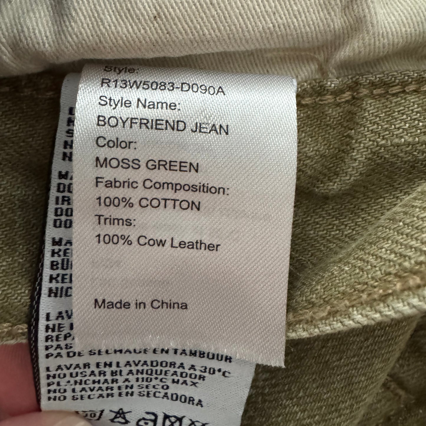 R13 Boyfriend Jeans in Moss Green, size 29