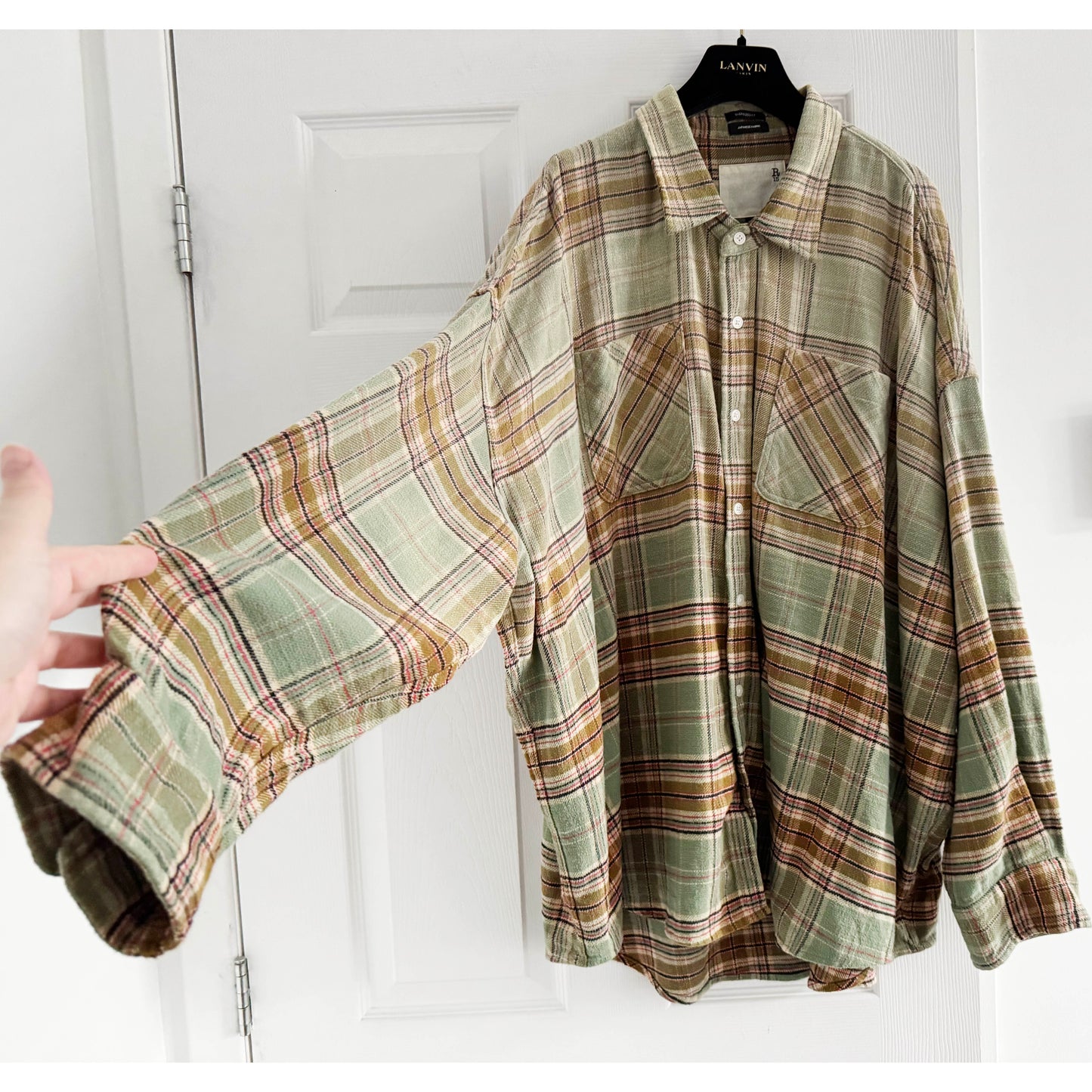 R13 Drop Neck Workshirt in Bleach Gradient Green Plaid, size Medium