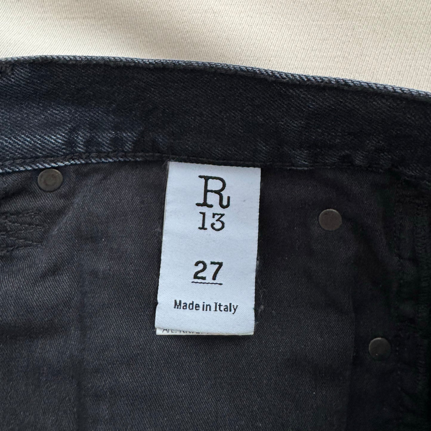 R13 Crossover jeans in Jake Black, size 27 (fits 28)