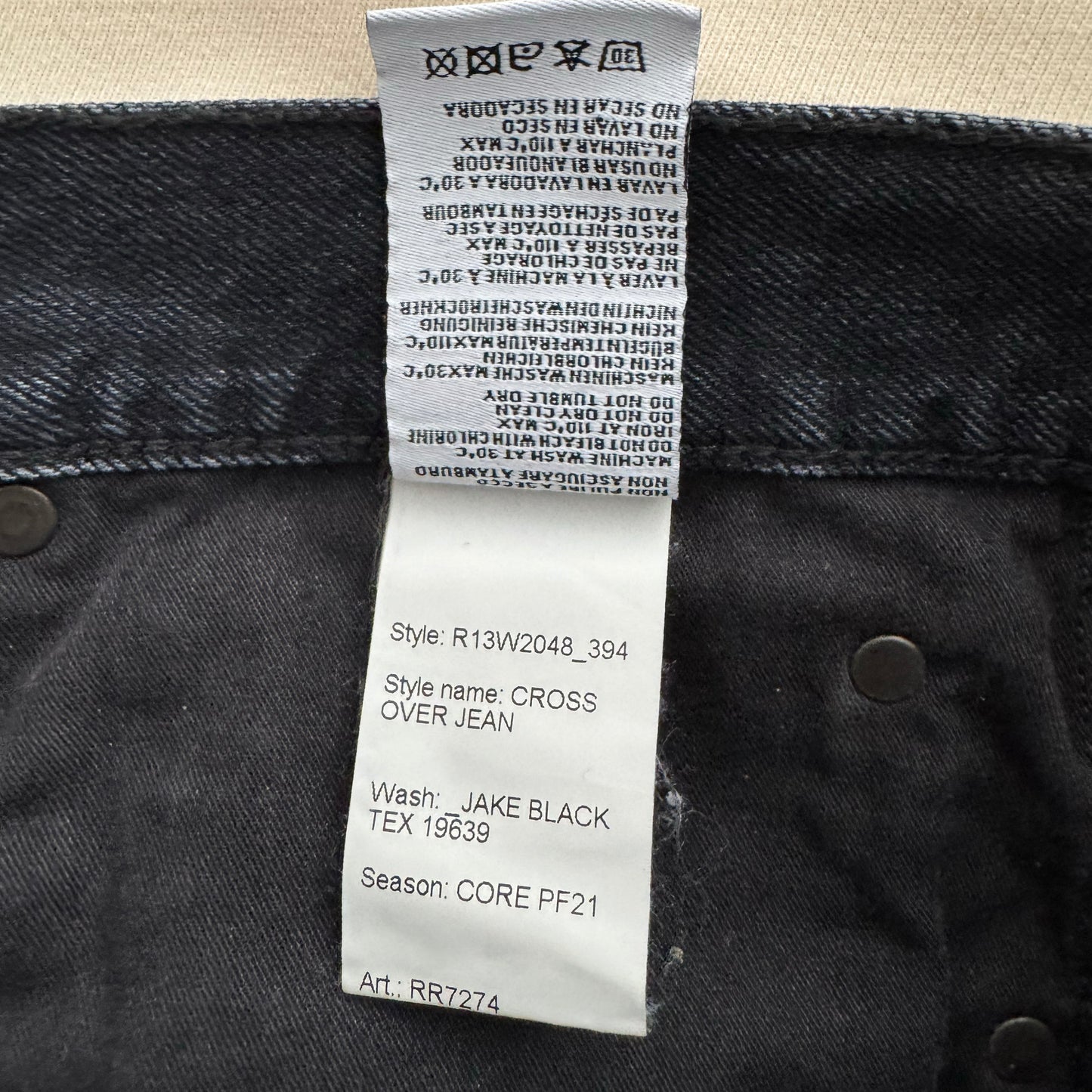 R13 Crossover jeans in Jake Black, size 27 (fits 28)