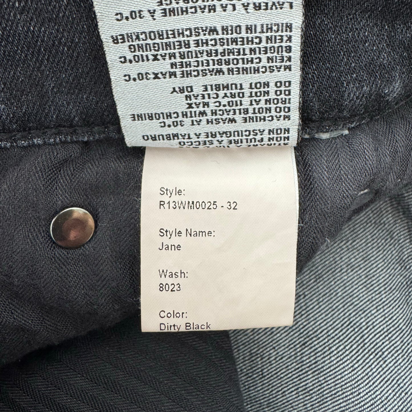 R13 Jane Jean in "Dirty Black", size 28