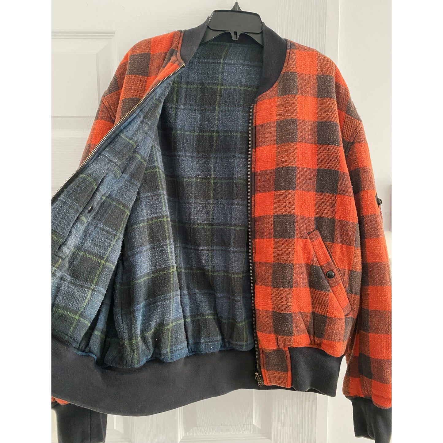 R13 Reversible Plaid Bomber Jacket, size Large