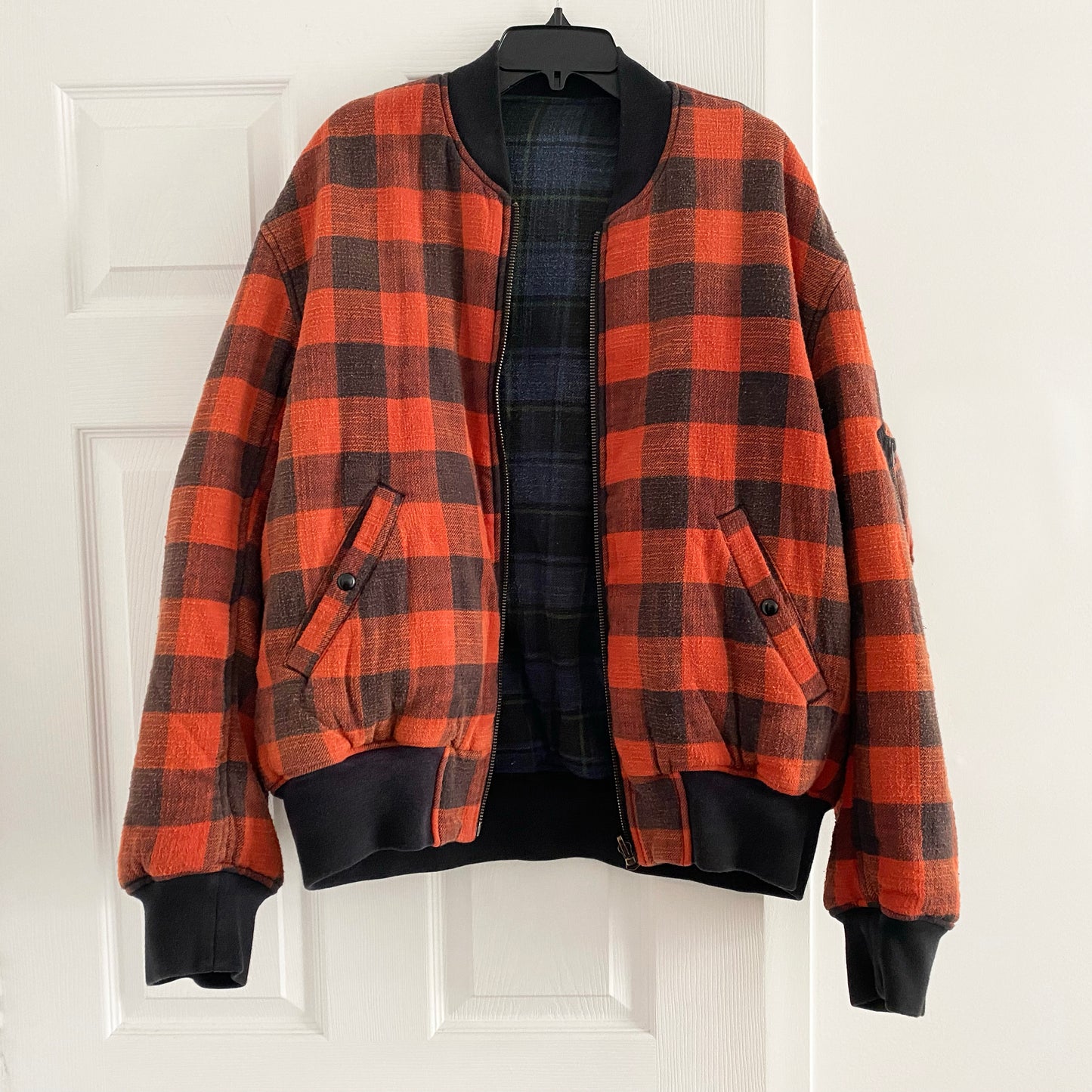 R13 Reversible Plaid Bomber Jacket, size Large