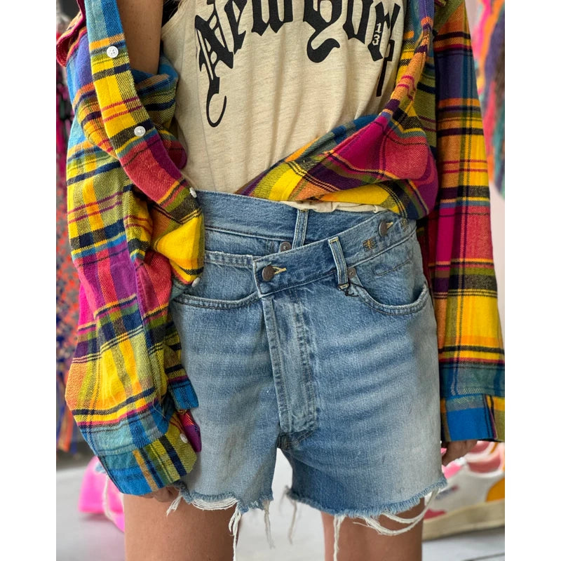 R13 Crossover Asymmetric Distressed Jean Shorts in "Turner Blue", size 29