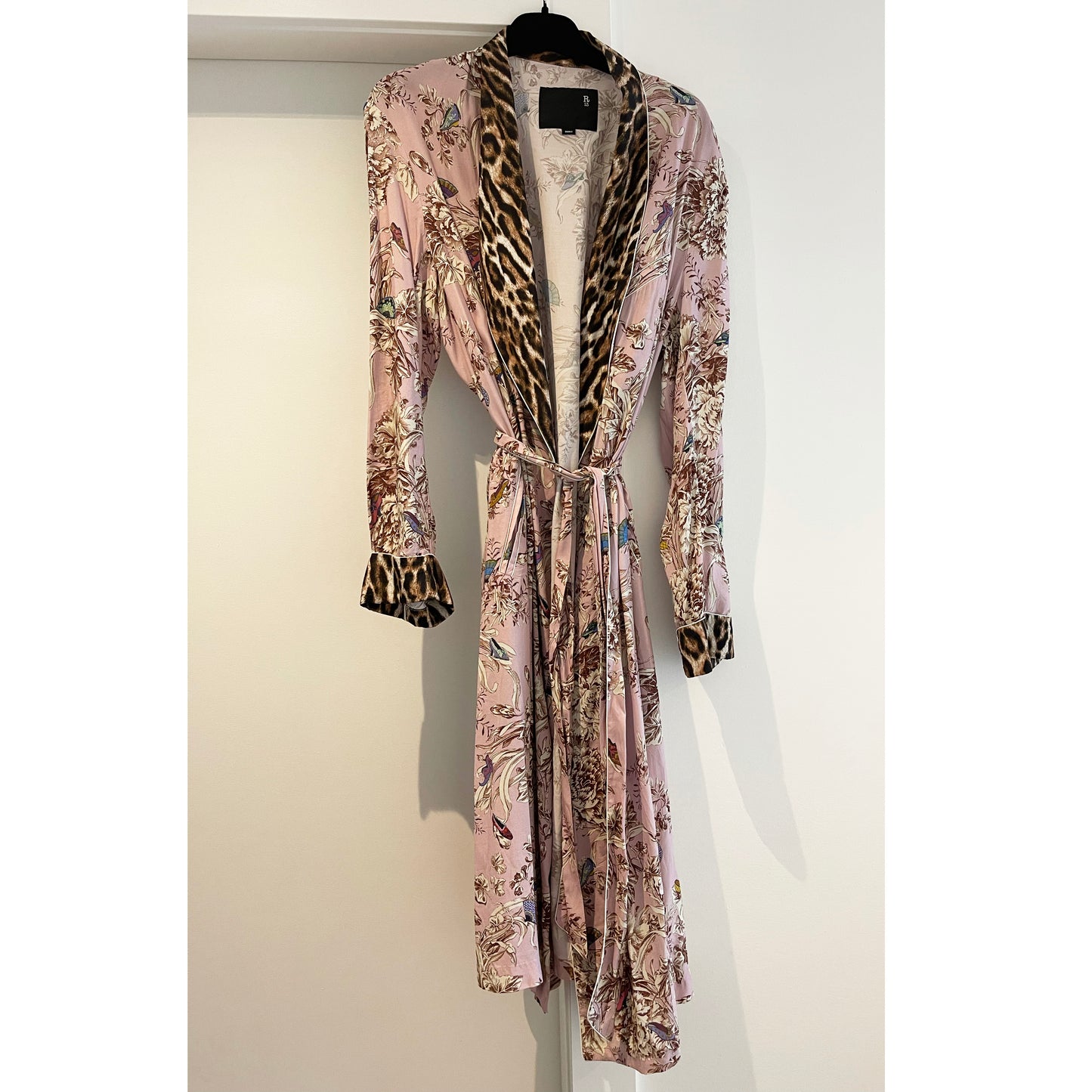 R13 Smoking Robe in Pink Floral with Leopard Trim, size Small