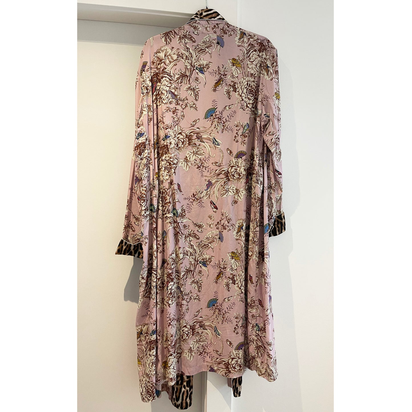 R13 Smoking Robe in Pink Floral with Leopard Trim, size Small