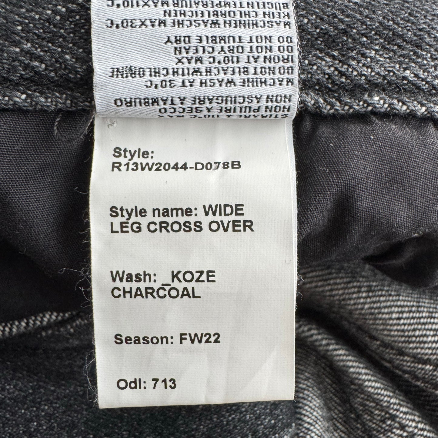 R13 Wide Leg Crossover Jean in "Koze Charcoal", size 30 ** HEMMED **