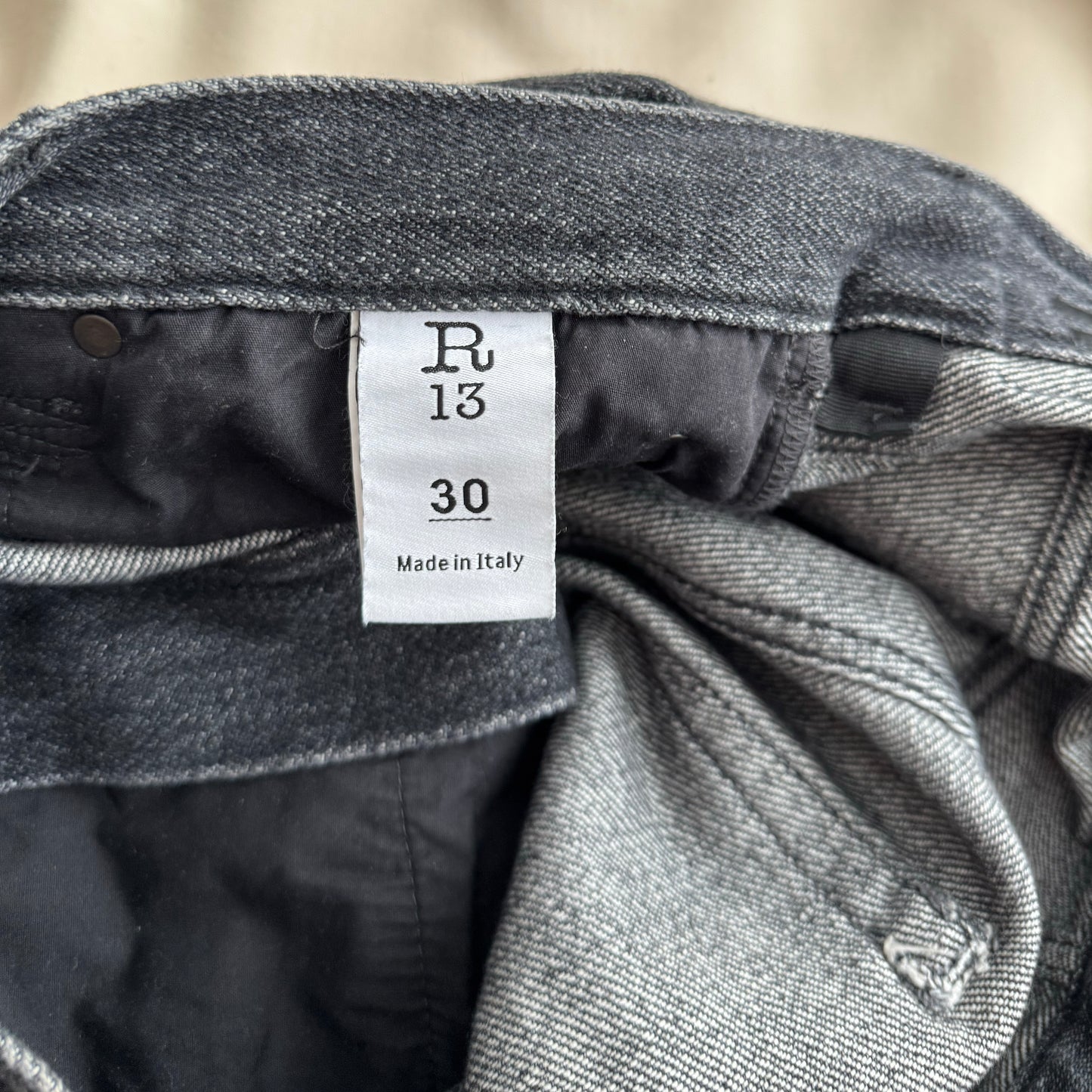R13 Wide Leg Crossover Jean in "Koze Charcoal", size 30 ** HEMMED **