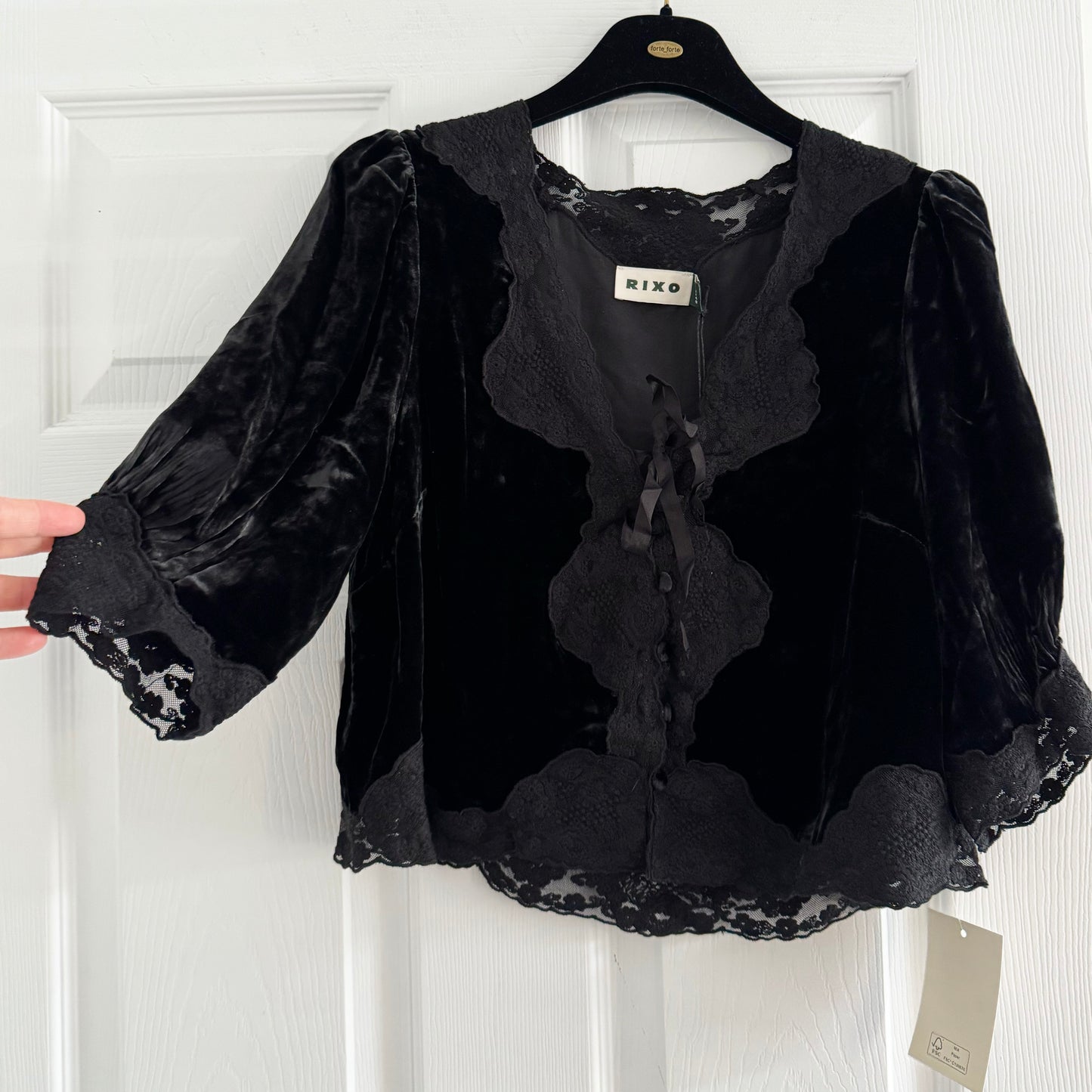 RIXO "Ursula" Velvet Top with Lace Trim in Black, size Small