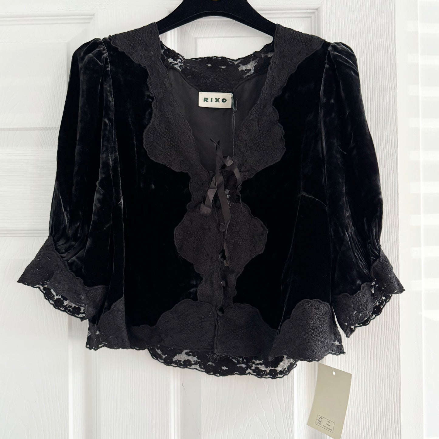 RIXO "Ursula" Velvet Top with Lace Trim in Black, size Small