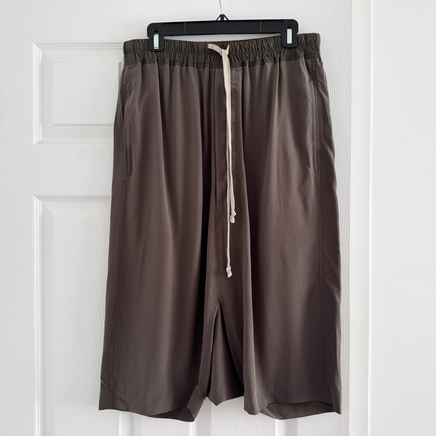Rick Owens Drop Crotch Silk Bermuda Shorts in Taupe, size 6