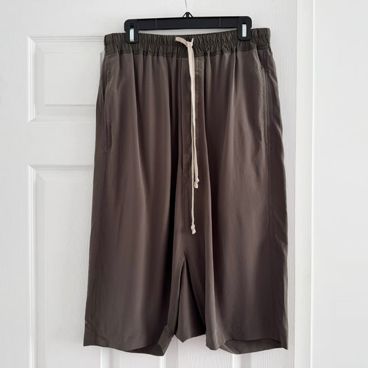 Rick Owens Drop Crotch Silk Bermuda Shorts in Taupe, size 6