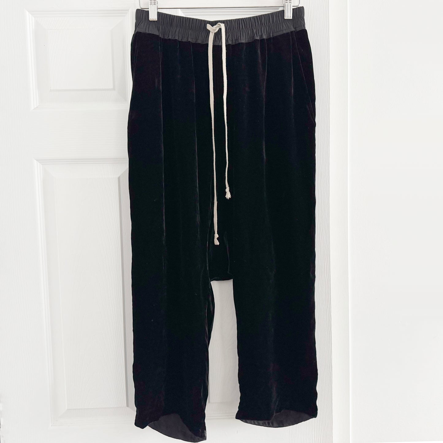 Rick Owens Drop Crotch Velvet Pants in Black, size 8 (fits size 4/6)