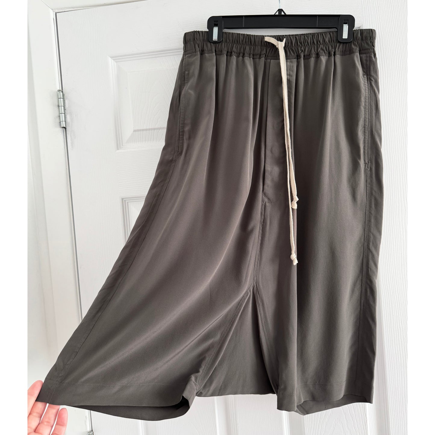 Rick Owens Drop Crotch Silk Bermuda Shorts in Taupe, size 6