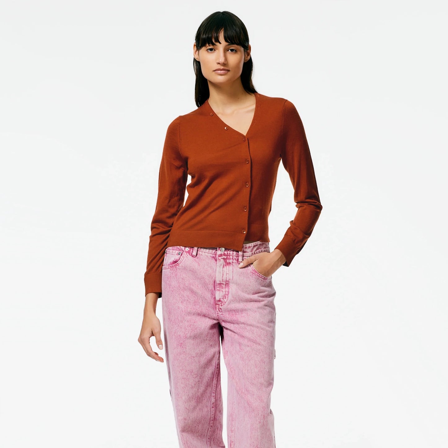 TIbi Cashmere Silk Asymmetrical Cardigan in Tamarind, size XL