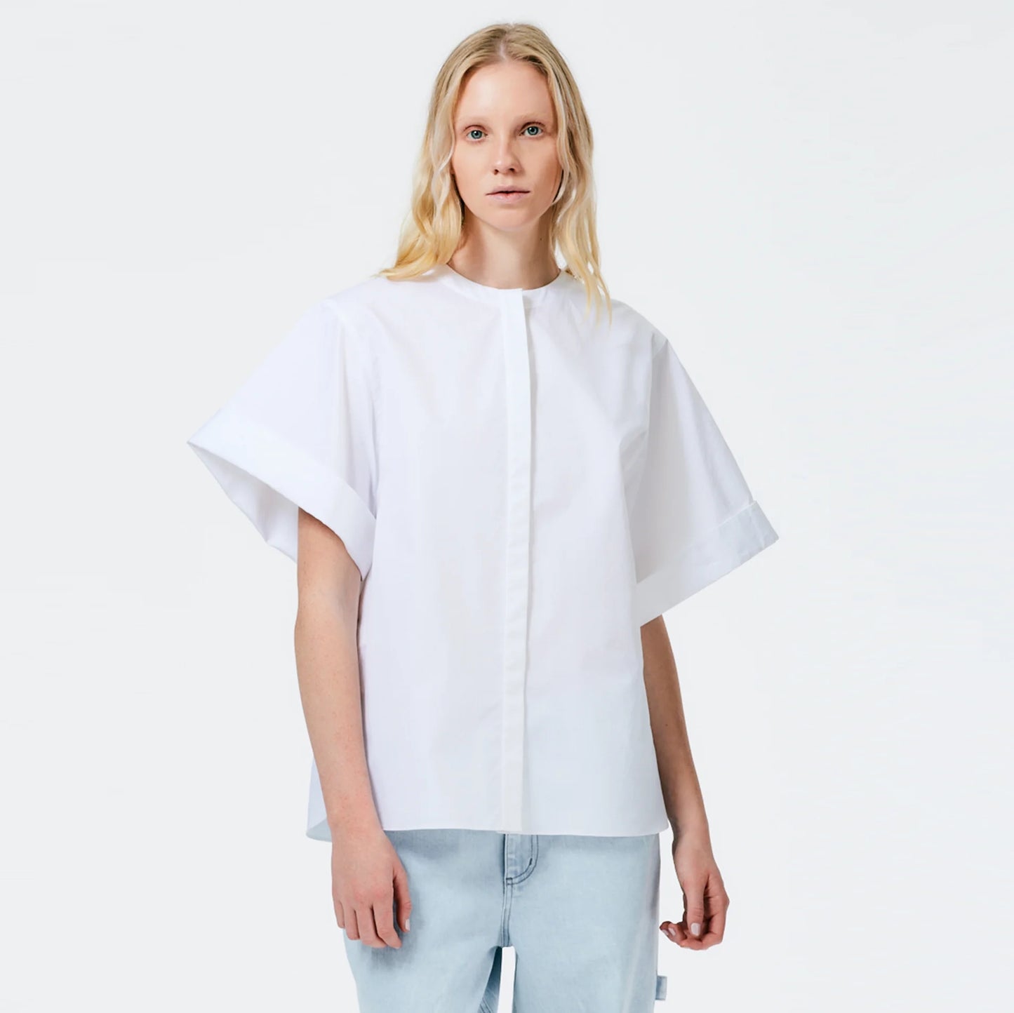 Tibi Eco Poplin Rolled Sleeve Shirt in White, size Medium