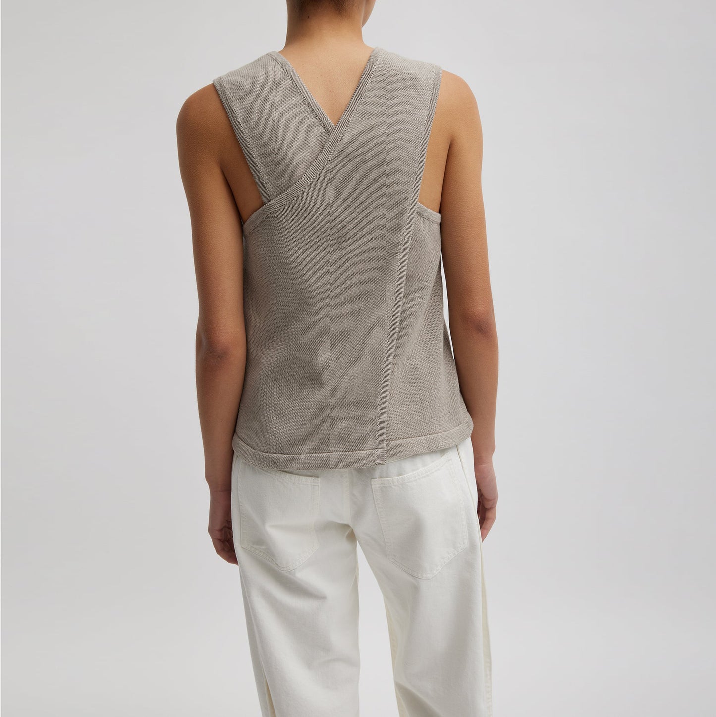 Tibi Criss Cross Sleeveless Cotton Knit in Light Stone, size Medium