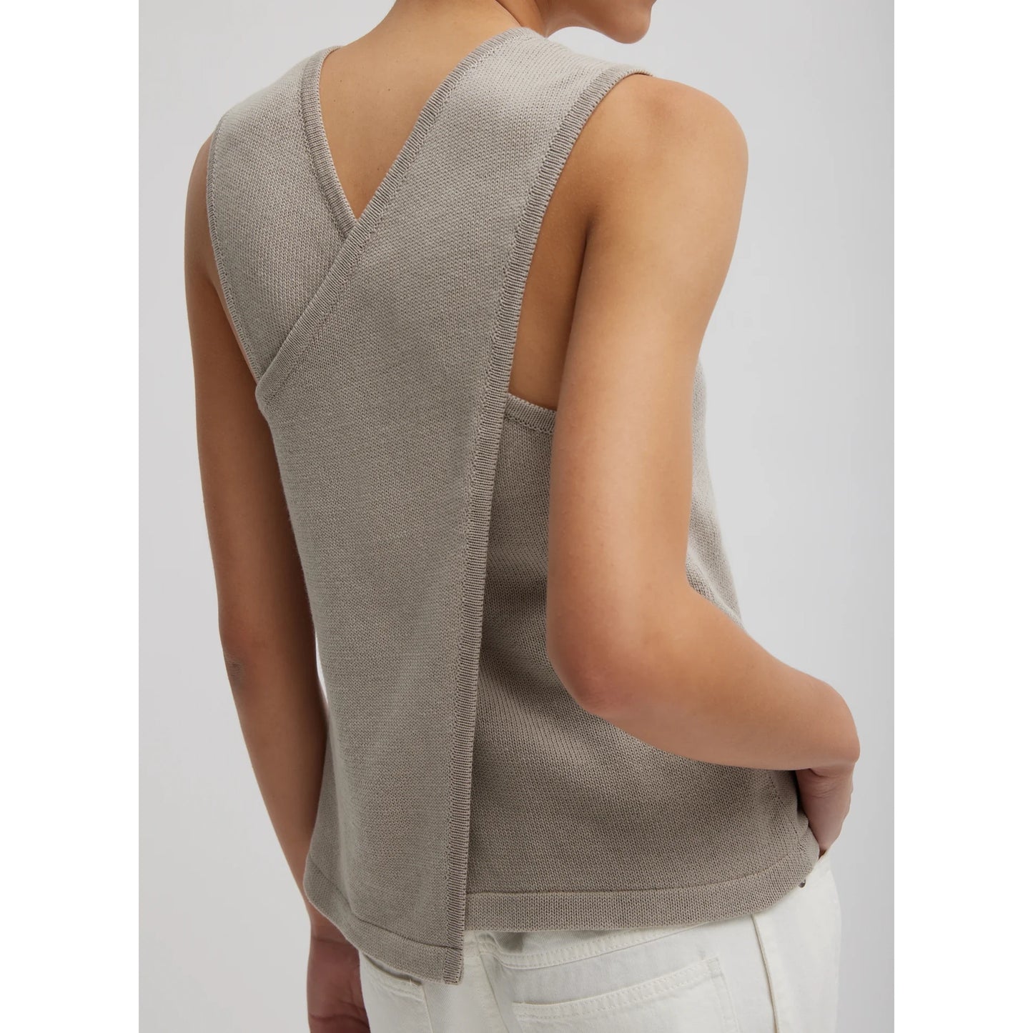 Tibi Criss Cross Sleeveless Cotton Knit in Light Stone, size Medium