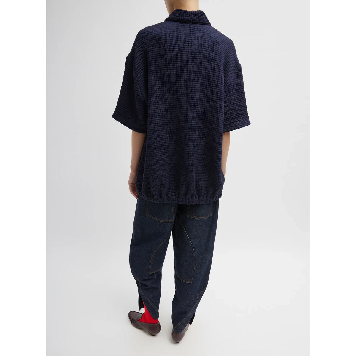 Tibi Quilted Waffle Polo Tunic Top in Navy, size Small