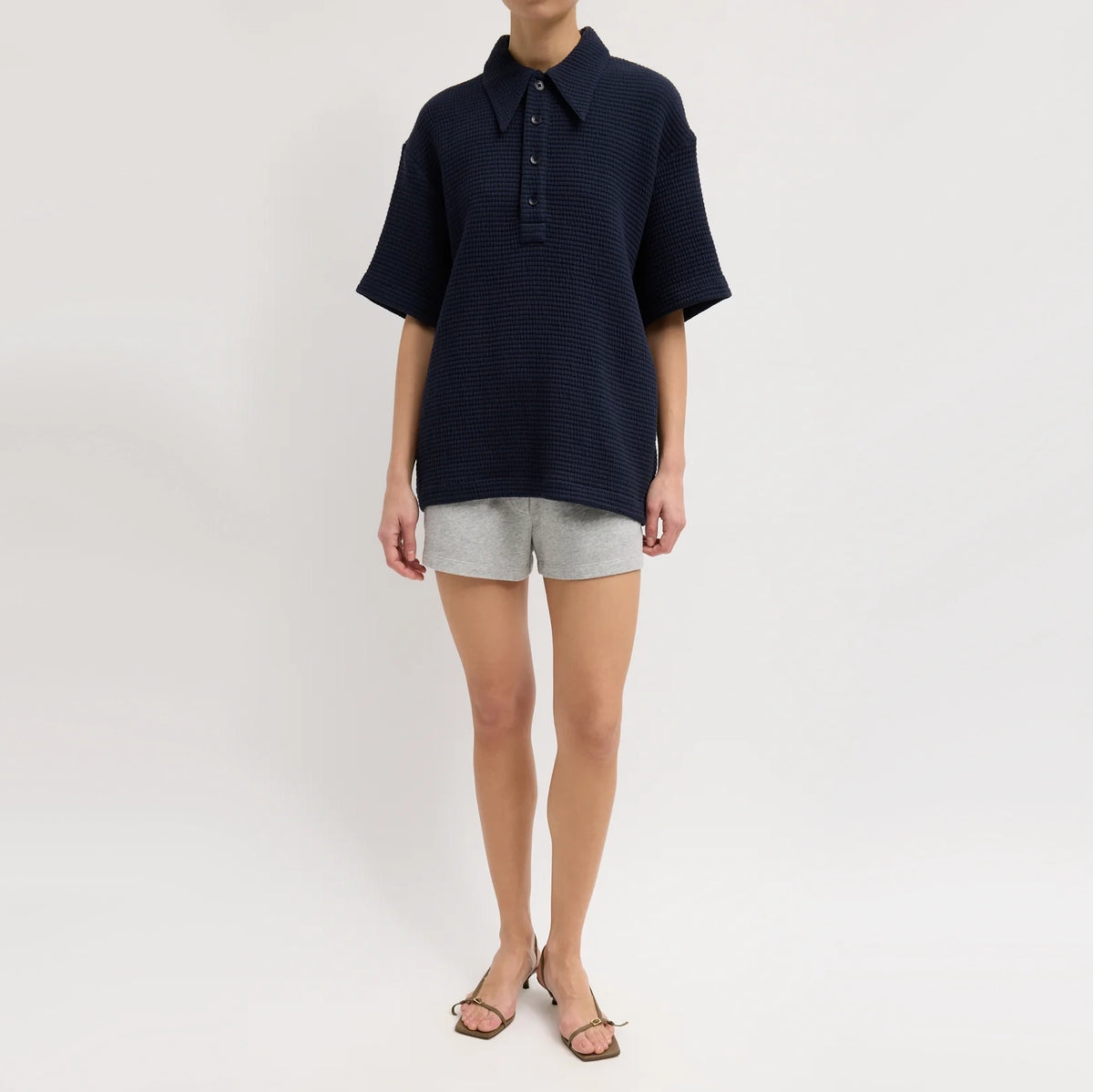 Tibi Quilted Waffle Polo Tunic Top in Navy, size Small