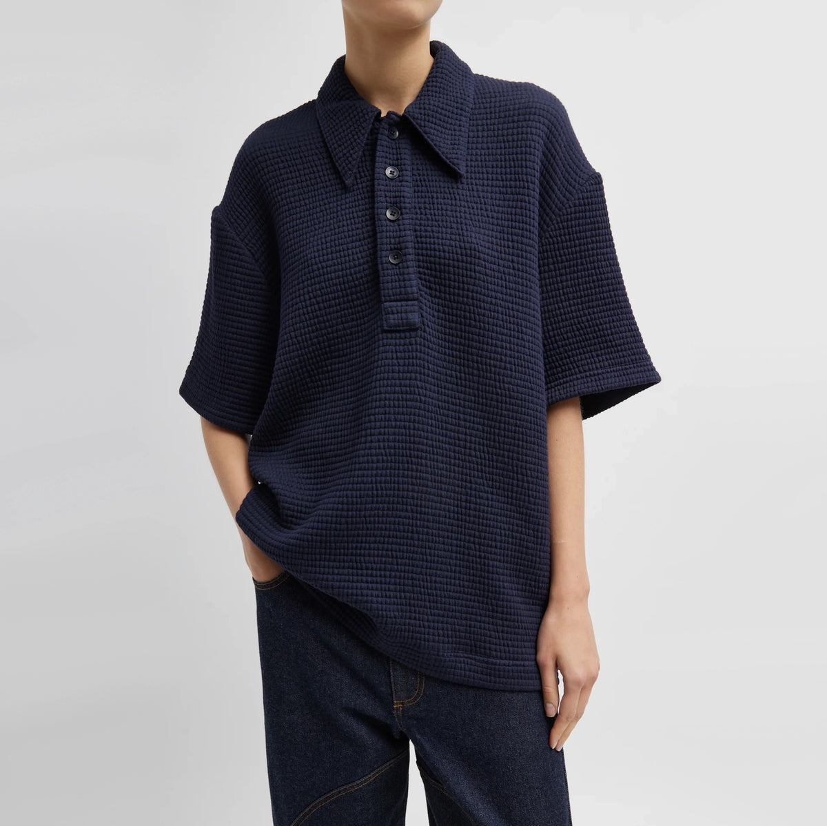 Tibi Quilted Waffle Polo Tunic Top in Navy, size Small