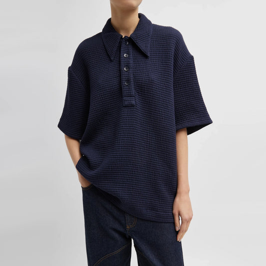 Tibi Quilted Waffle Polo Tunic Top in Navy, size Small