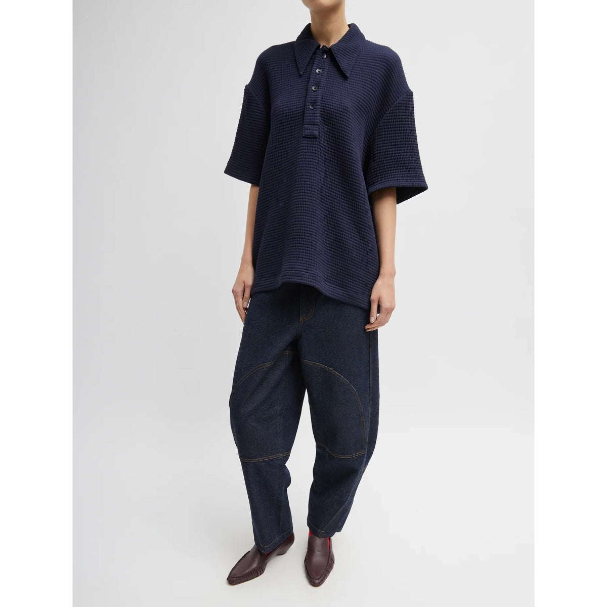 Tibi Quilted Waffle Polo Tunic Top in Navy, size Small