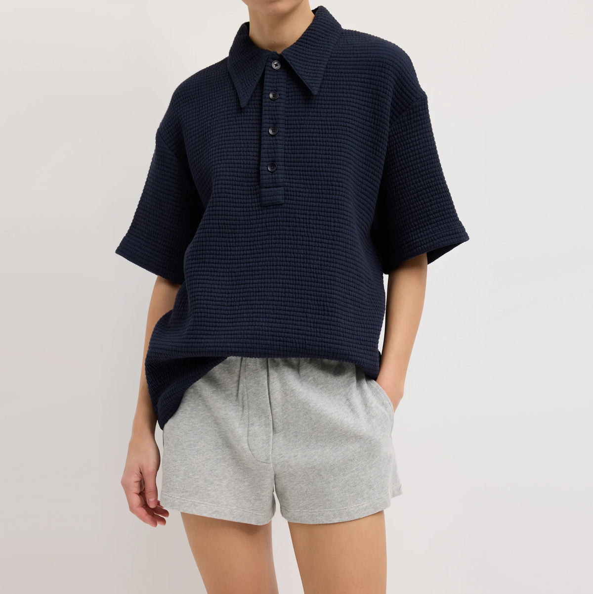 Tibi Quilted Waffle Polo Tunic Top in Navy, size Small