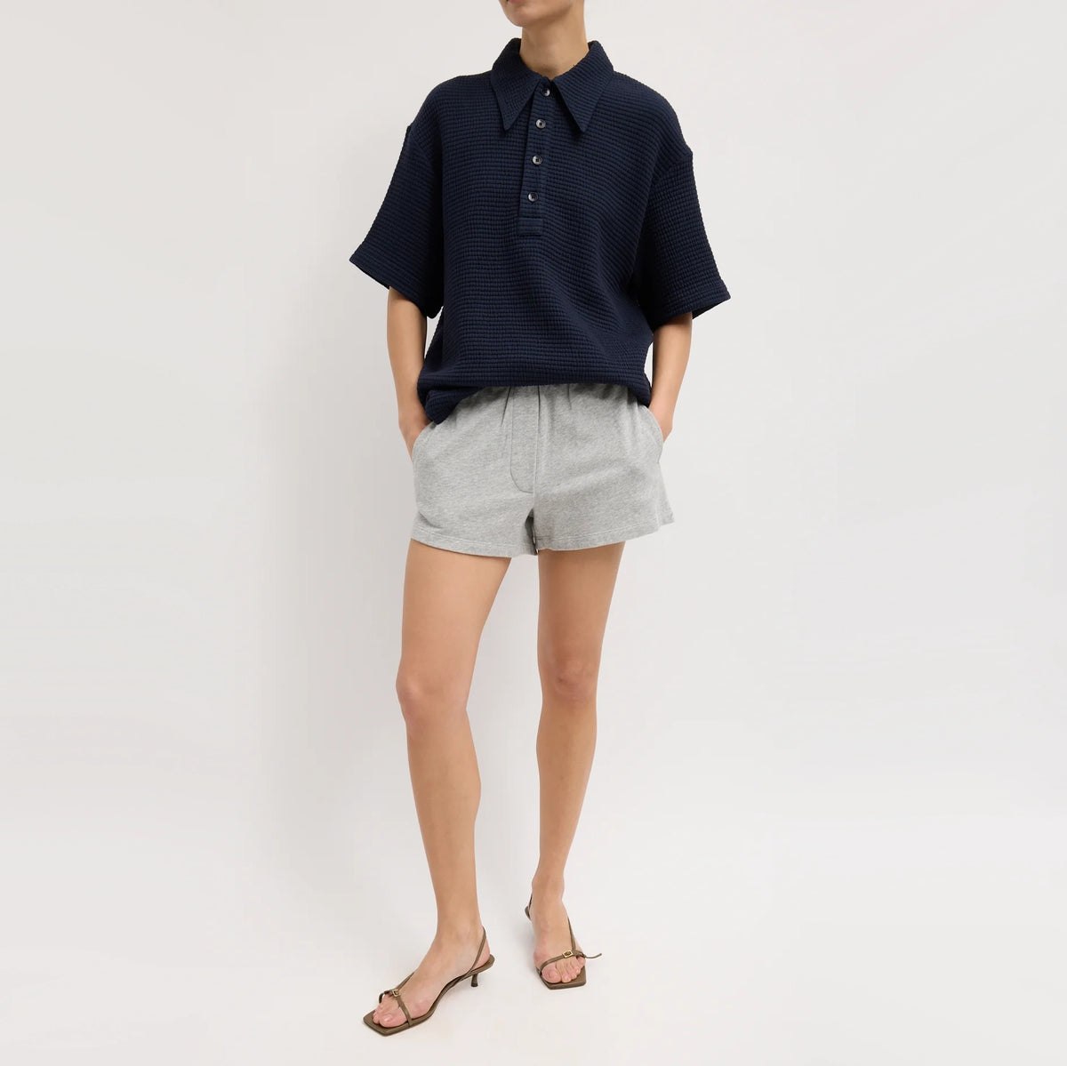Tibi Quilted Waffle Polo Tunic Top in Navy, size Small