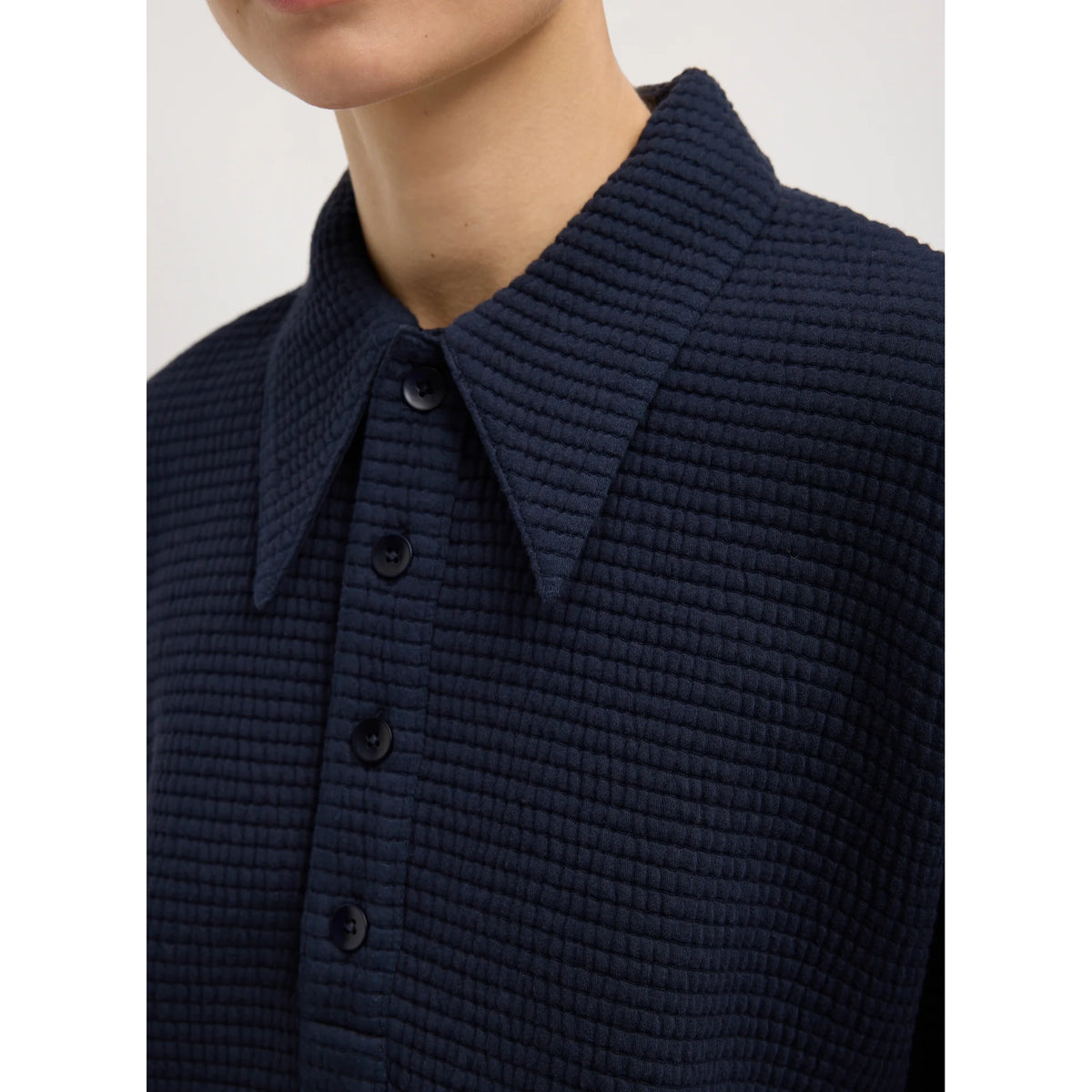Tibi Quilted Waffle Polo Tunic Top in Navy, size Small