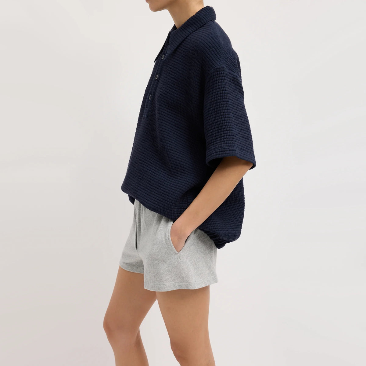 Tibi Quilted Waffle Polo Tunic Top in Navy, size Small