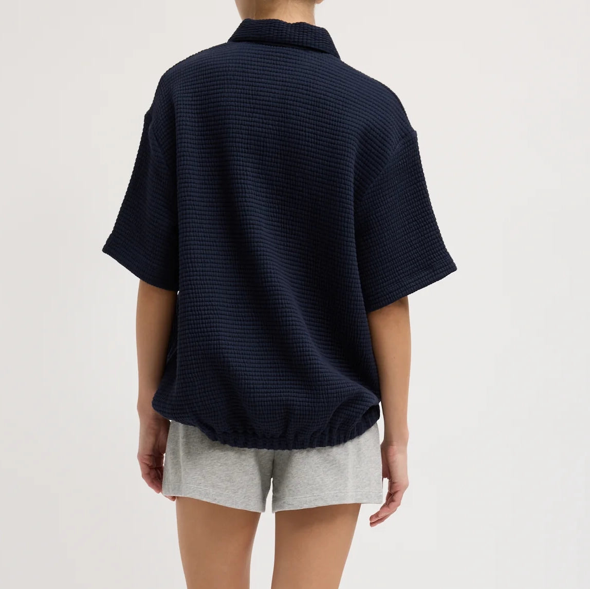 Tibi Quilted Waffle Polo Tunic Top in Navy, size Small