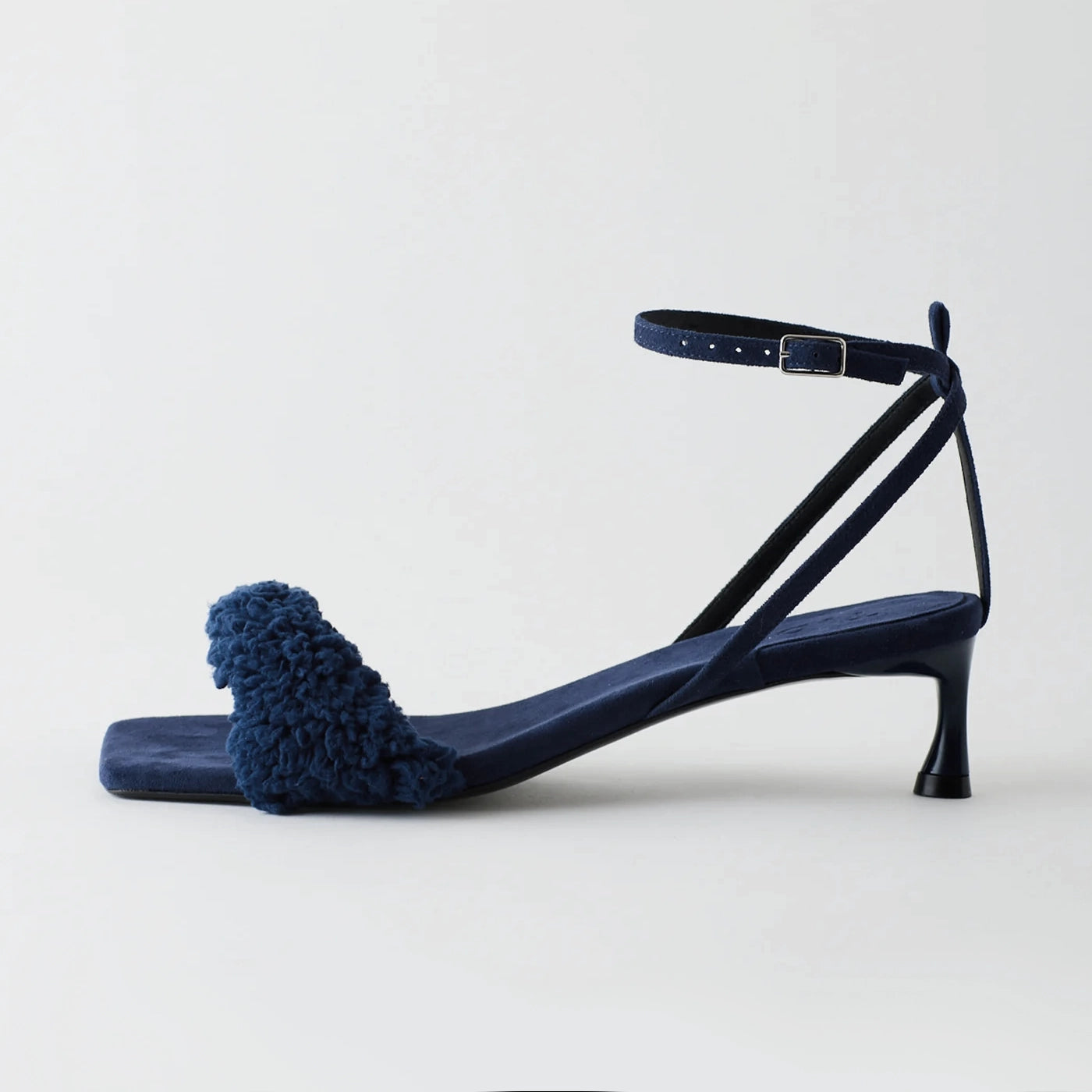 Tibi "Cameron" Suede & Faux Shearling Sandal in Navy, size 37.5