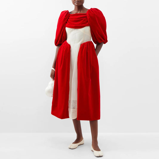 Simone Rocha Robe à manches bouffantes en velours rouge et organza blanc cassé, UK 12 (convient à 6US)