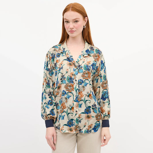 Smythe Cream Floral Print Blouse in Ivory/Blue, size Small
