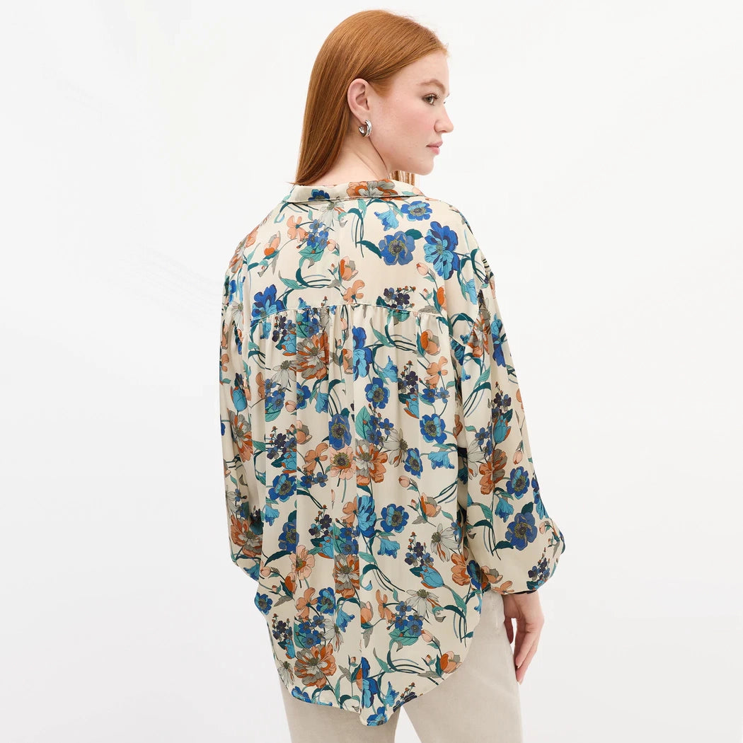 Smythe Cream Floral Print Blouse in Ivory/Blue, size Small