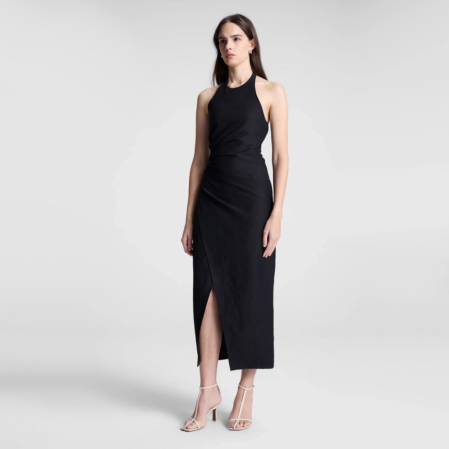 A.L.C. "Sylvie" Linen Midi Halter Dress in Black, size 2