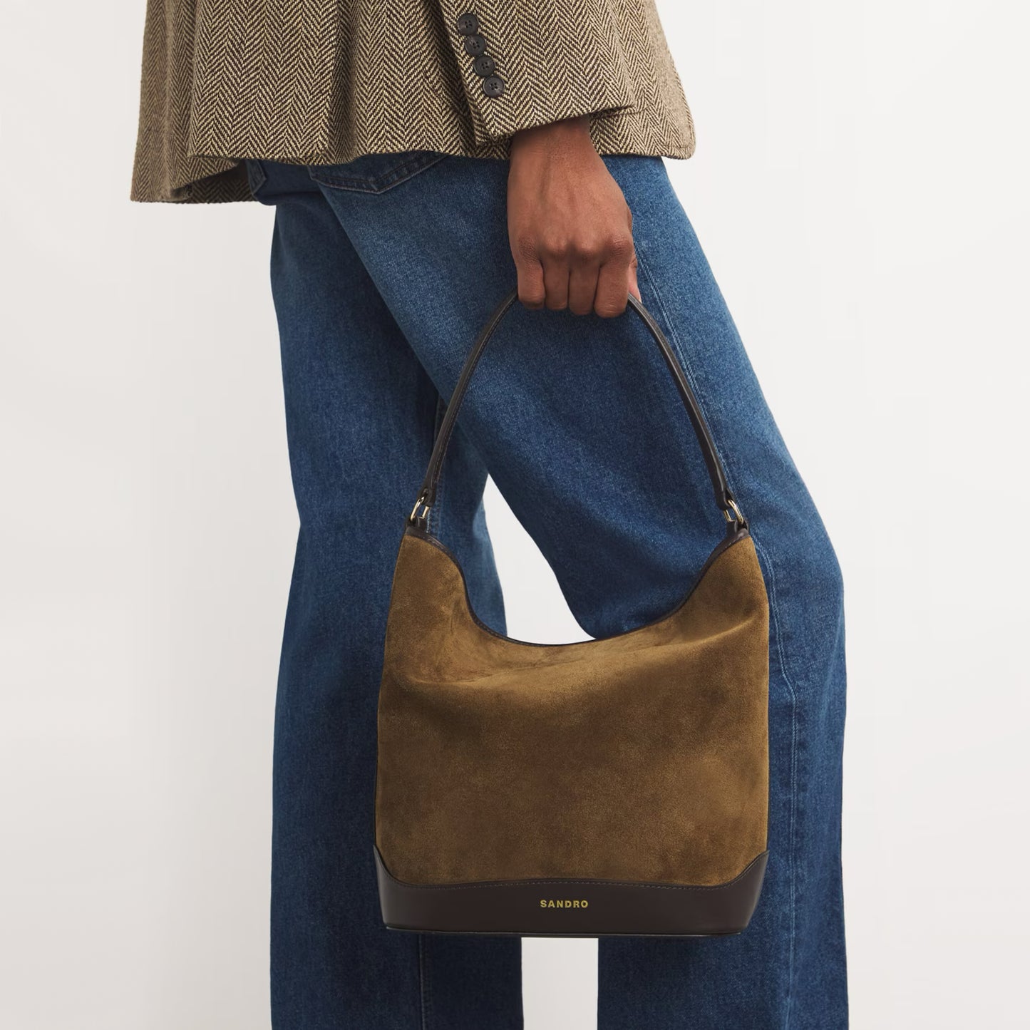 Sandro Paris "Tangoso" Suede-Leather Bucket Bag in Camel