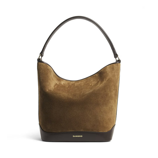 Sandro Paris "Tangoso" Suede-Leather Bucket Bag in Camel
