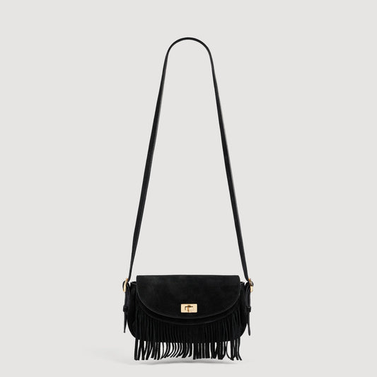 Sandro "Mini Mambo" Fringed Suede Bag in Black