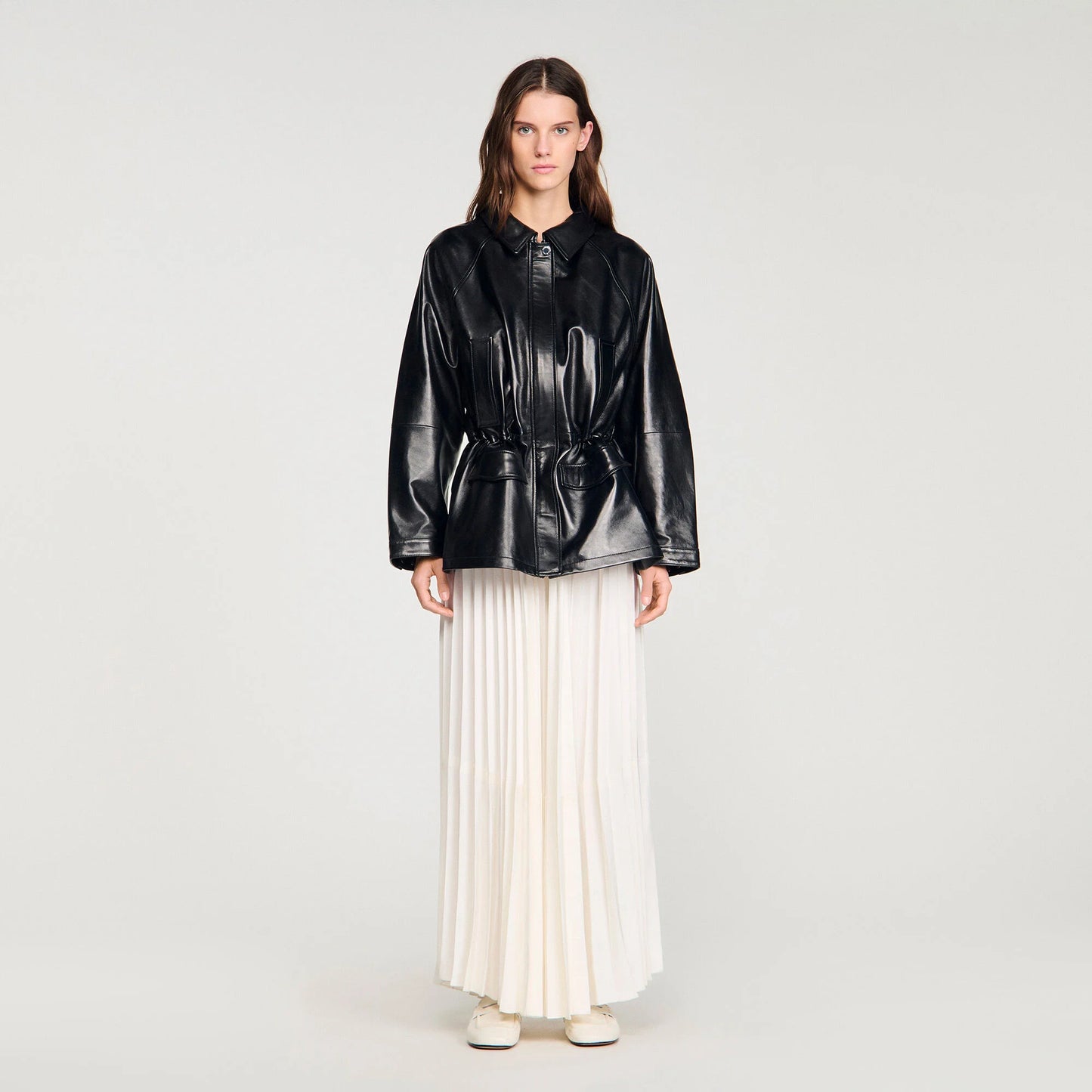 Sandro "Ashley" Smooth Leather Jacket in Black, size 36 (fits oversize, like S-M?)