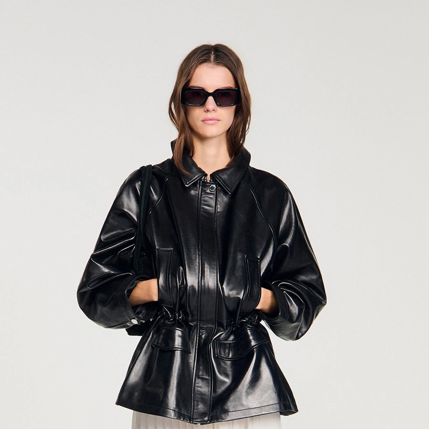 Sandro "Ashley" Smooth Leather Jacket in Black, size 36 (fits oversize, like S-M?)