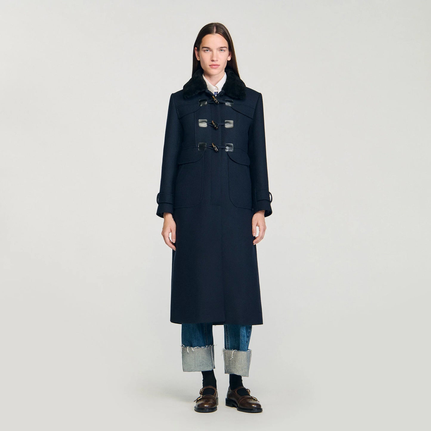 Sandro Toggle Button Coat with Shearling Collar in Navy, Size 38