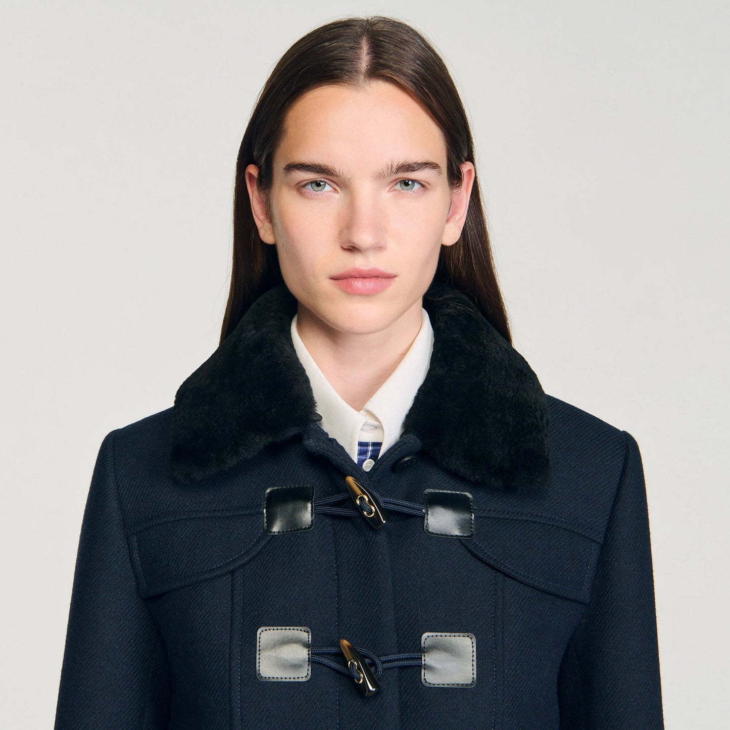 Sandro Toggle Button Coat with Shearling Collar in Navy, Size 38