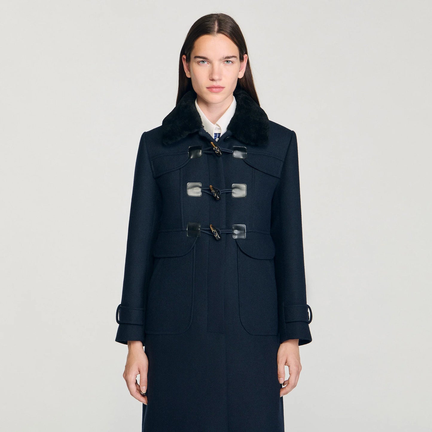 Sandro Toggle Button Coat with Shearling Collar in Navy, Size 38
