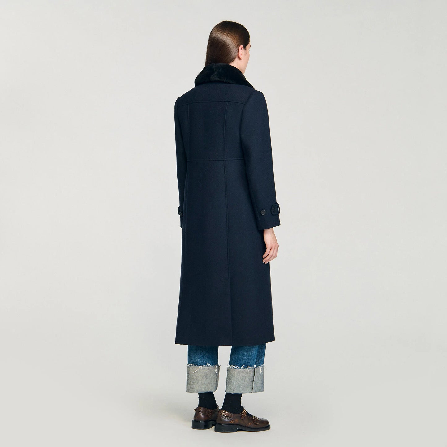 Sandro Toggle Button Coat with Shearling Collar in Navy, Size 38